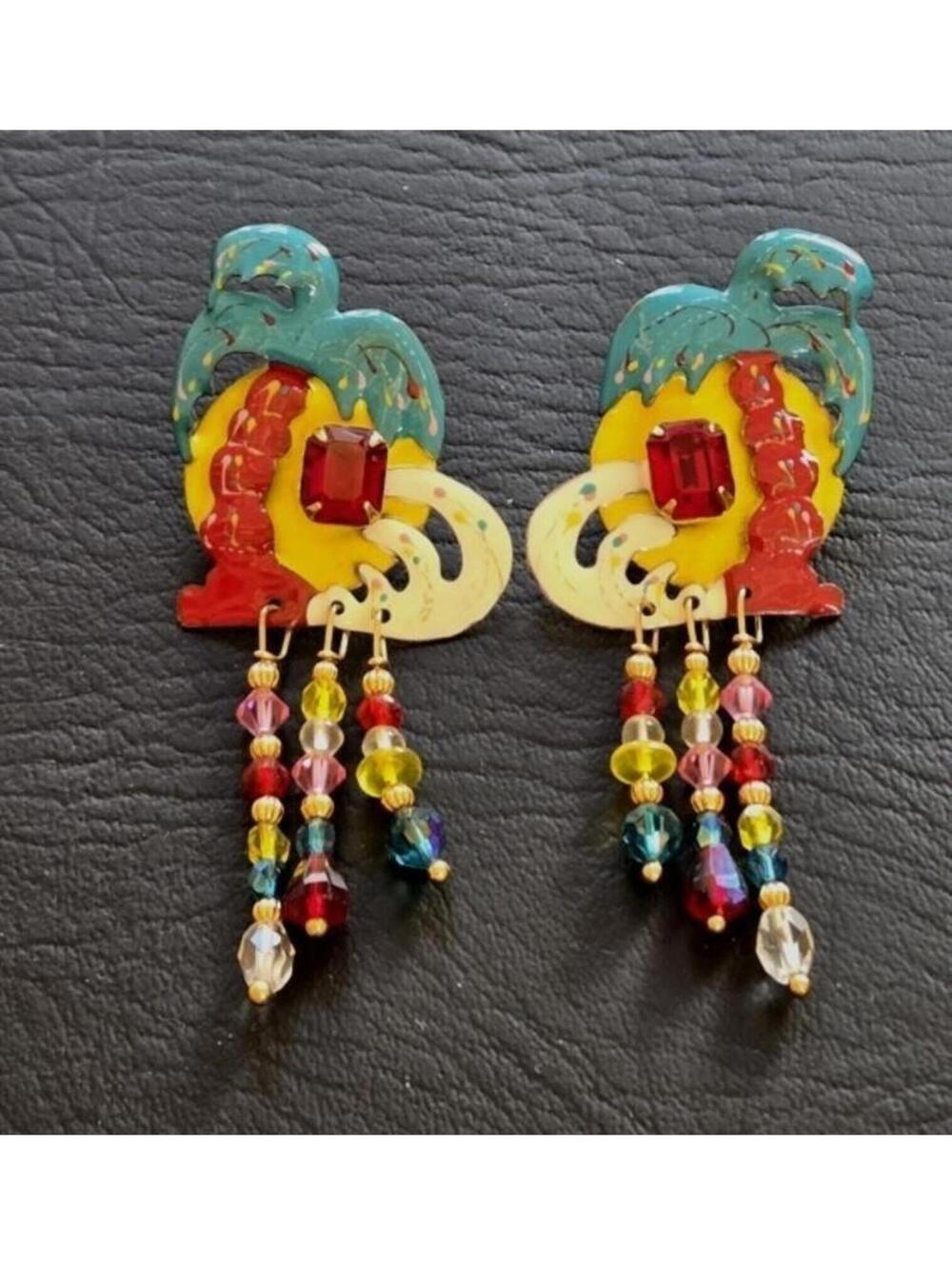 RARE Lunch at the Ritz 1988 Palm Tree‎ Beaded Dangle Earrings Signed